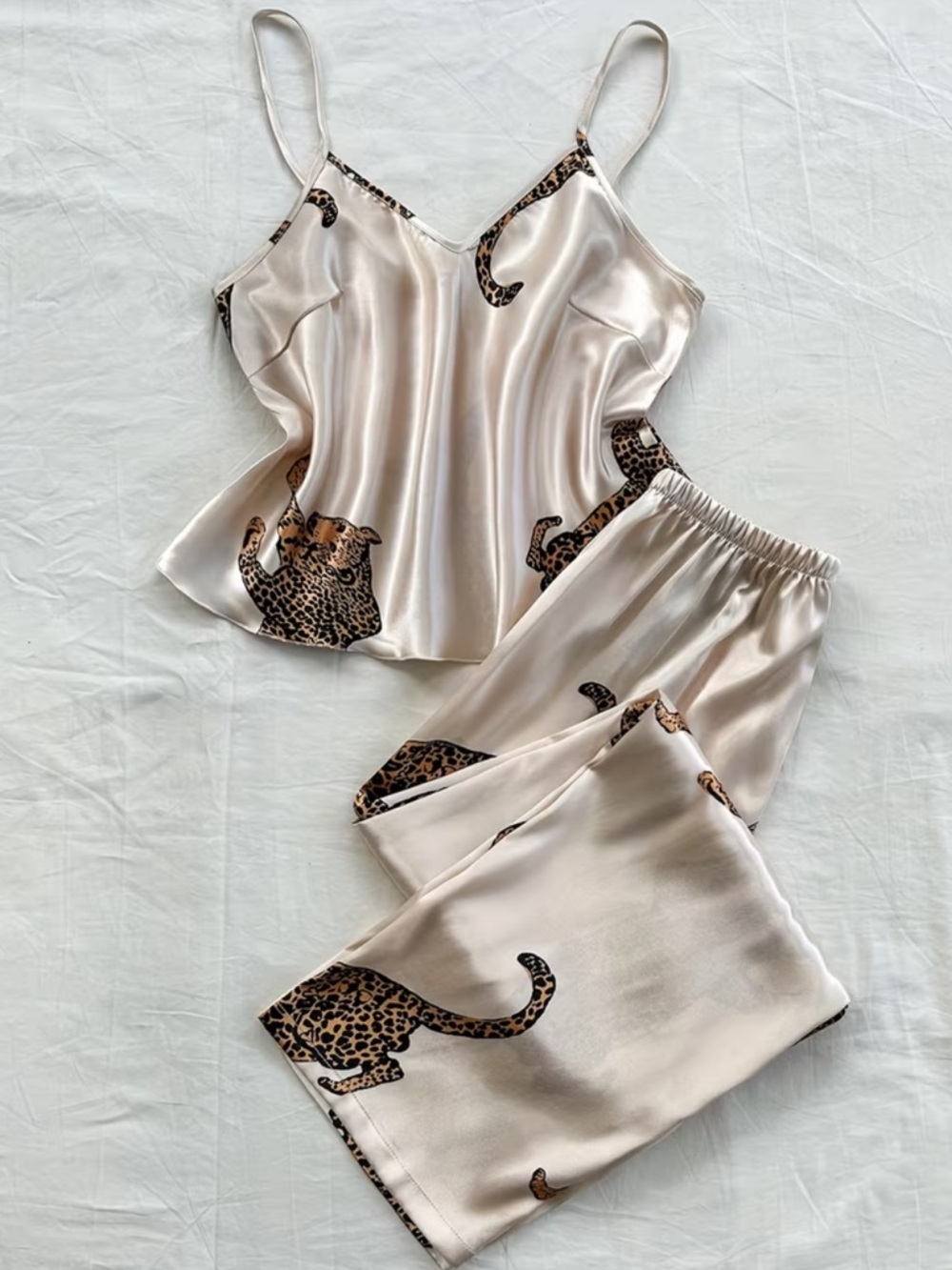 Silky Leopard Print Cami & Pants Pajama Set - Cream - Picture 2 of 2